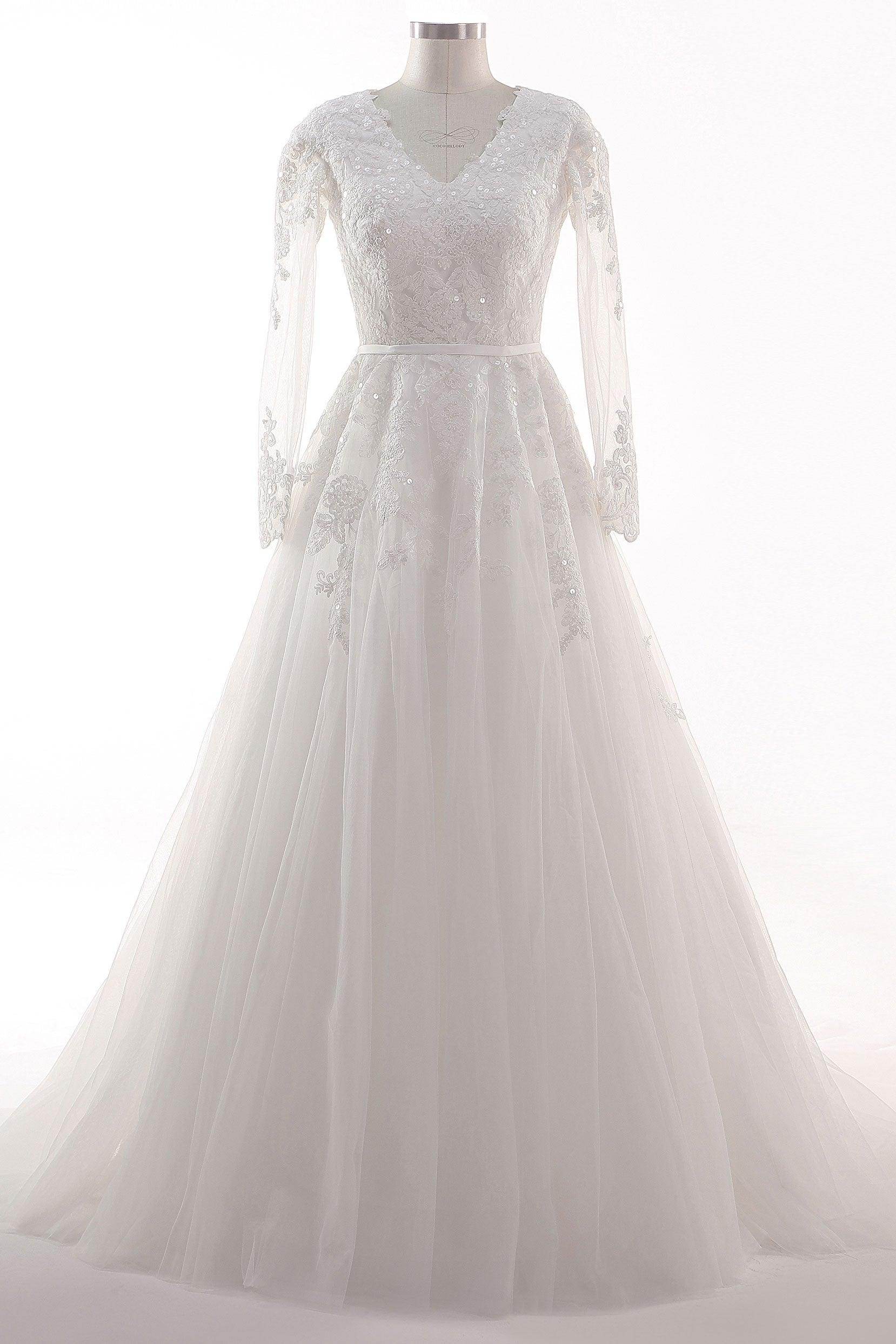 A-Line Court Train Tulle Lace Wedding Dress CW2455 - COCOMELODY